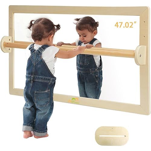 Infant Coordination Mirror Montessori Safety Pull up Bar Baby Mirror Acrylic Non-Glass Early Learning to Walk Mirror Upgrade Dual-Use with Base 47.24”
