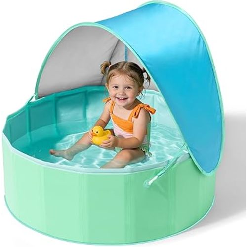 Hikiddy Foldable Kiddie Pool with Canopy: 31.5in/ 47in /63in for Baby Toddler Kids Family - Summer Water Play Pool with Shade - Portable for Outdoor Backyard Beach (Blue & Mint, 31.5in)
