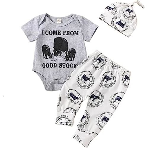 SAYOO Western Newborn Baby Boys Cowboy Outfits Cow Print Letter Bodysuit+Long Leggings+Cap 3pcs Infant Boy Country Clothes (Cow Head-Grey 2, 0-3 Months)