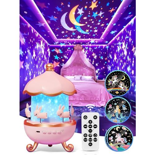 Carousel Night Light for Kids, 10 Music+15 Films+315 Colors Star Projector for Kids Night Light Projector,360°+Remote+1200mah Star Lights for Ceiling, Princess Toys Unicorn Toys for Girls Room Decor