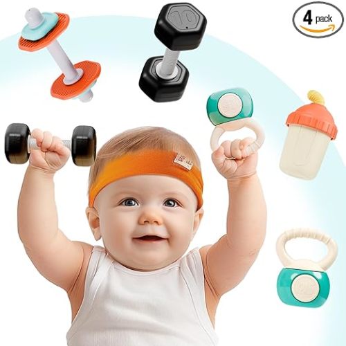 Baby First Gym Rattle Set, Infant Dumbbell Weights Teething Rattles 3-6-12 Month, Newborn Workout Sensory Stroller Toy, Babies Birthday Shower Gift 5 7 8 9 10 Month Toddler Boy Girl-4PCS