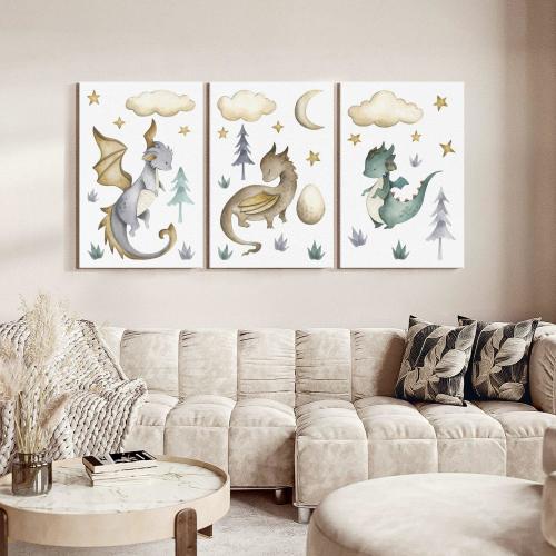 Baby Dragons At Night Wall Art - Horizontal 3 Piece Canvas - Kids Room Wall Decor - Kids And Nursery Art