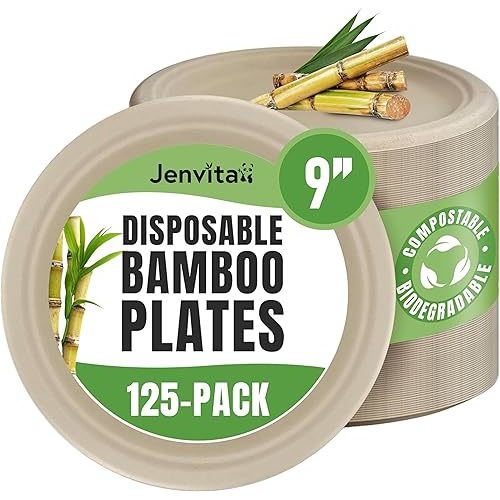Bamboo Paper Plates Compostable (125-Pack, 9-inch) | Sturdy & Microwave Safe | Heavy Duty Brown Disposable Plates | PFAS Free, Biodegradable | FSC Certified Alternative to Plastic