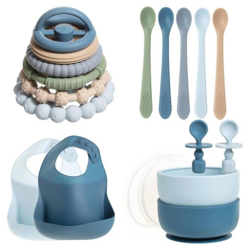 Silicone Baby Essentials Set – Blue Stacking Toy, Feeding Bibs, Suction Bowls with Spoons & First-Stage Spoons – BPA-Free, Safe for Infants & Toddlers