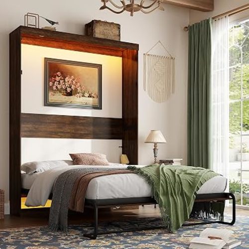 Queen Size Murphy Bed with 2 LED Lights, Farmhouse Wood Hidden Foldable Wall Bed Frame w/Gas Struts, Storage Bed Cabinet for Bedroom, Office, Space-Saving, No Box Spring Needed, Brown