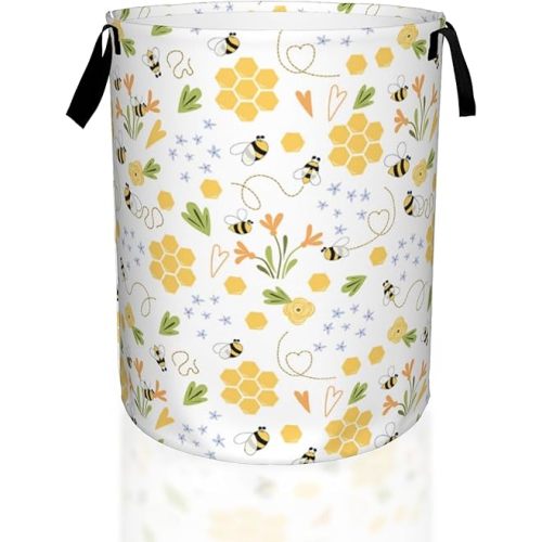 Bee Honey Flower Laundry Basket,Waterproof Foldable Laundry Hamper,Dirty Clothes Laundry Basket, Linen Bin Storage Organizer for Toy Collection 16" x 20"