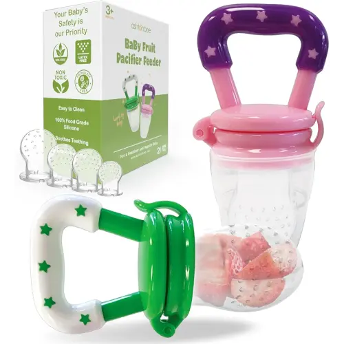 Baby Fruit Feeder, Teething Pacifier for Fruits, Veggies, or Frozen Milk, Food-Grade Silicone Teethers for Babies 6-12 Months, Baby Essentials for Teething Relief - Apple Green and Lychee Pink