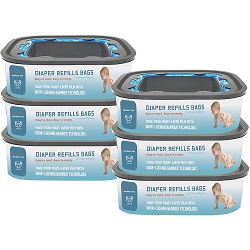 Standard Square Refills Disposal Bags Refill Compatible with Genie Diaper Compact, Select Pails (Not Fit Classic Version Pails), Hold Up to 270 Newborn-Sized Diapers Per Refill, 6 Pack