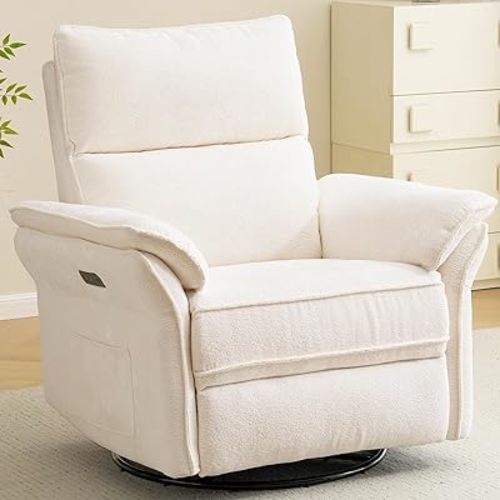 Oversized Rocking Chair Nursery with Massage and Heat, Glider Recliner Nursery Chair with Adjustable Headrest, Power Swivel Rocker Recliner Chair with USB Port, White