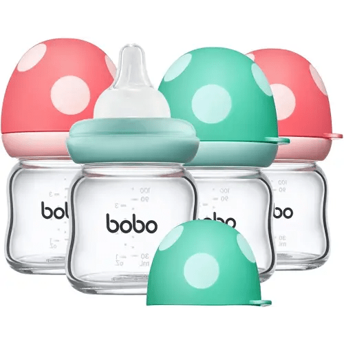 YOHKOH Natural Glass Baby Bottle with Natural Response Nipple, Newborn Anti-Colic Baby Bottles, Wide Neck Mushroom Cap Baby Bottle, Clear (3.4oz (Pack of 4), Multicolour)
