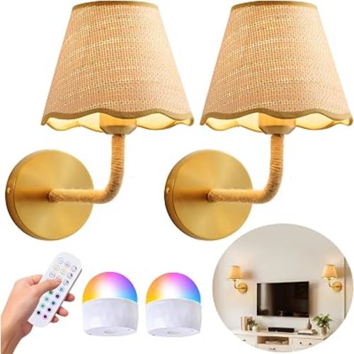 Set of 2 Battery Operated Rattan Wall Sconces for Bedroom Living Room Home