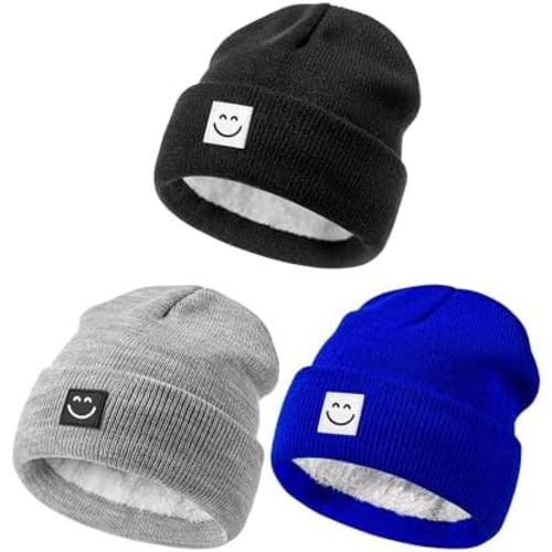 Baby Beanie Hat 3 Packs with Cute Smiley Face, Toddler Girls Boys Baby Hats Winter, Kids Winter Hat Cold Weather