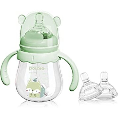 POTATO Glass Baby Bottles, Anti-Colic Breastfeeding Bottles with Medium Flow Nipple, Suitable for Babies 3-6 Months, 2 Replaceable Nipples, 6 oz, Green
