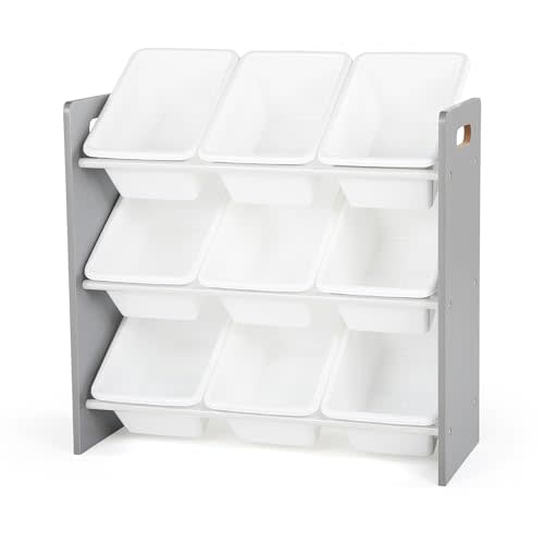 Humble Crew Kids Toy Organizer with 9 Bins, 3 Tier Storage for Playroom | Sturdy wood and steel toddler shelf, removable BPA-free containers, wall anchor anti-tip safety kit for bedroom or classroom