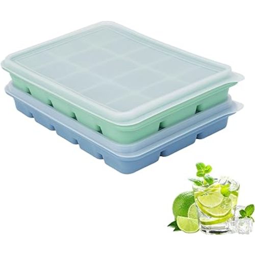 Ice Cube Trays with Silicone Lid, 15 Grid Square Ice Tray Easy Release Stackable Ice Cube Mold, 2 Pack (Grey Blue+Green)