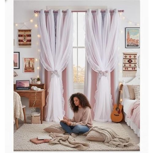 PONY DANCE Gradient Blackout Curtains for Living Room Decor Window Treatment Double Layer Drapes Ruffle Sheer Overlay Farmhouse Rustic Design, W 52 x L 84 Inches, Grey-Pink, 2 Panels
