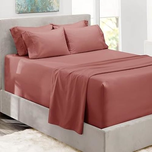 Hearth & Harbor Luxury Soft 6 Piece Bed Sheet Set Extra Deep Pocket Fitted Sheets Fits Mattress up to 21", Double Brushed Bedding, Queen, Pink Clay