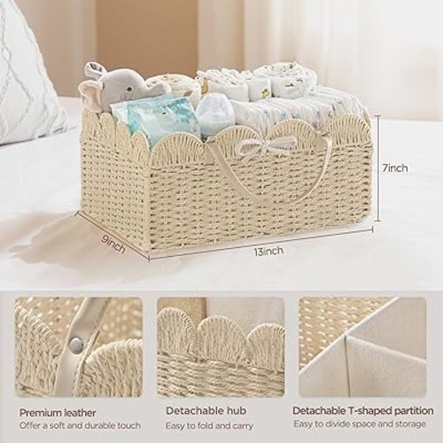 HBlife Baby Diaper Caddy, Paper Rope Storage Baskets Nursery Bin with Removable Divider, Portable Car Organizer for Diapers, Baby Shower Gifts, Newborn Essentials Must Haves