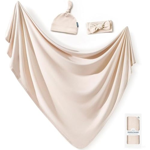 GRSSDER Newborn Swaddle Blanket, Ultra Soft Jersey Receiving Blanket with Matching Headband and Beanie Set, 47×47" Extra Large Nursery Swaddle Wrap for Girls and Boys