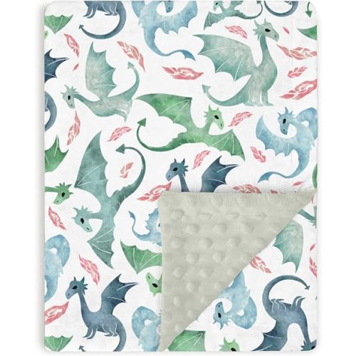 Blue Green Baby Blankets for Boys 30" x 40", Soft Double Layer Minky Blanket with Dotted Fleece Back, Nursery Bed Receiving Quilt Newborn Infant Toddler Shower Gift Whimsical Dragons Theme