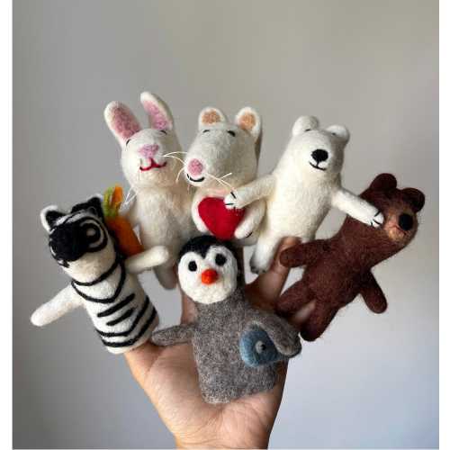 Felted Finger Puppet Set-Bear, Rabbit, Zebra, Handmade Finger Puppets, 100% New Zealand Wool, Needle felted, Storytelling for kids