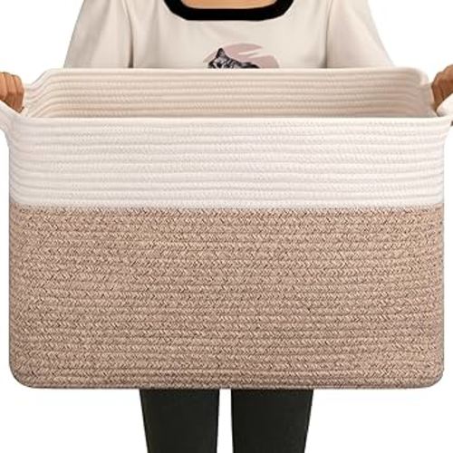 OIAHOMY Large Storage Basket, Cotton Rope Woven Blanket Basket, Toy Bin for Baby Room, Container for Blanket Storage in Living Room, 20''×16''×12'', Brown & White
