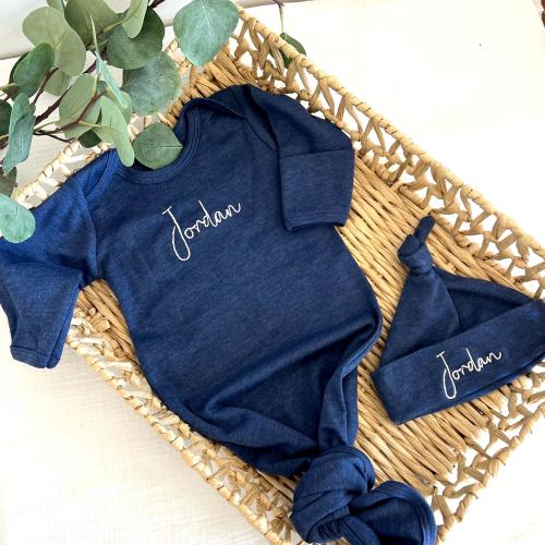 Newborn Personalized Knot Gown, Newborn Knot Hat, Gift for Newborn, Baby Shower Gift, New Baby Gift, Personalized Baby Gift