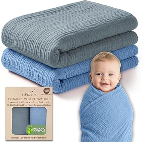 100% Organic Cotton Muslin Baby Blanket - 47 x 47 Inch Breathable Muslin Swaddle Blanket, Hypoallergenic Double-Layer, Soft and Cozy Blankets for Sleeping & Everyday Use (Slate/Aquarius)