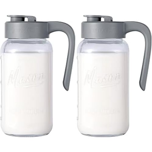 Mason Jar Pitcher - Airtight & Leakproof Glass Pitcher with Lid, Perfect for Breastmilk, Cold Brew, and Sun Tea, 2 Quart (64 oz) Mason Jar with Pour Spout Lid