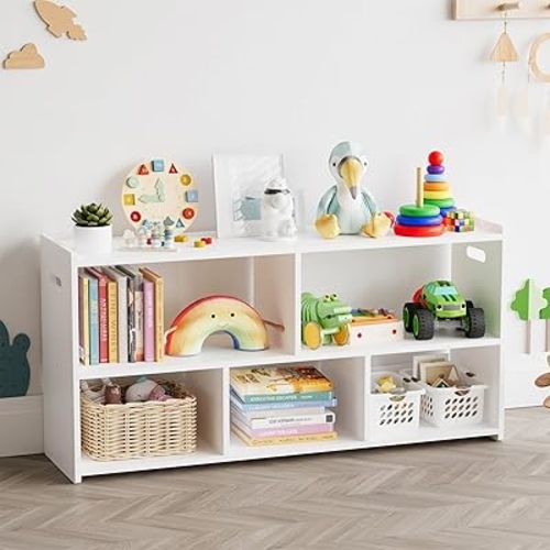 SpaceAid 5-Compartment Bookshelf, Montessori Bookcase for Toddlers, Wooden Book Shelf Organizer Storage Furniture for Kids Rooms, Playroom, Nursery and Classroom, 44.5“ Wide, White