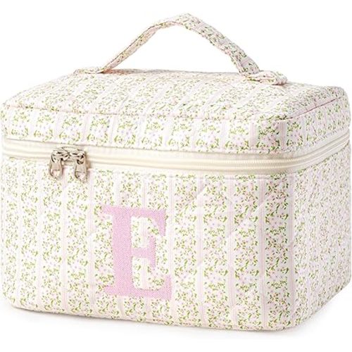HBselect Initial Quilted Makeup Bag, Pink Cosmetic Travel Toiletry Bag, Flowers Coquette Zipper Make Up Pouch Organizer Teen Girl Gift Trendy Stuff E