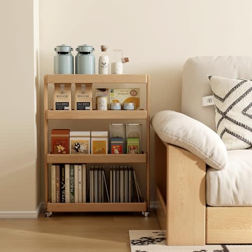 Small Narrow Side Table with Wheels, Skinny End Table for Small Spaces, 4 Tier Side Table for Living Room Bedroom(Natural, 7.87" D x 23.62" W x 31.89" H)