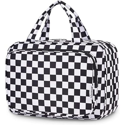 Narwey Travel Toiletry Bag for Women Large Hanging Makeup Bag Organizer Toiletries Bag for Full Size Essentials Accessories Cosmetics (Black Checkerboard (Large))
