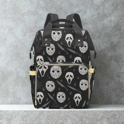 Slasher Mask Diaper Bag – Horror Baby Bag, Grey and White Baby Essentials Backpack, Spooky Baby Shower Gift, Unique Gothic Baby Bag