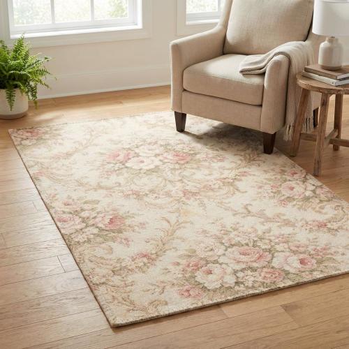 Pastel Floral Area Rug | Soft Pink Cream Botanical Carpet | Romantic Classic Room Decor