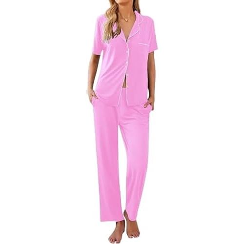 Ekouaer Women Pajamas Set Button Down Sleepwear Short Sleeve Nightwear with Long Pants Soft Pjs Set S-XXL