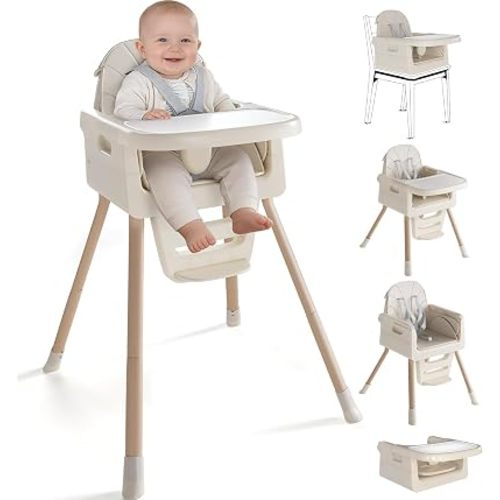 Baby High Chair for 6 Months+, Foldable High Chairs for Babies and Toddlers, Convertible High Chair, Adjustable Tray & Footrest, Portable High Chair & Easy to Clean(White with Wood Grain)