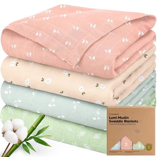 4-Pack Muslin Swaddle Blankets for Boys, Girls - Organic Baby Swaddles for Newborns, Soft & Breathable Receiving Baby Blankets for Girl, Boy, Neutral, Newborn Essentials Gift (Bloom)