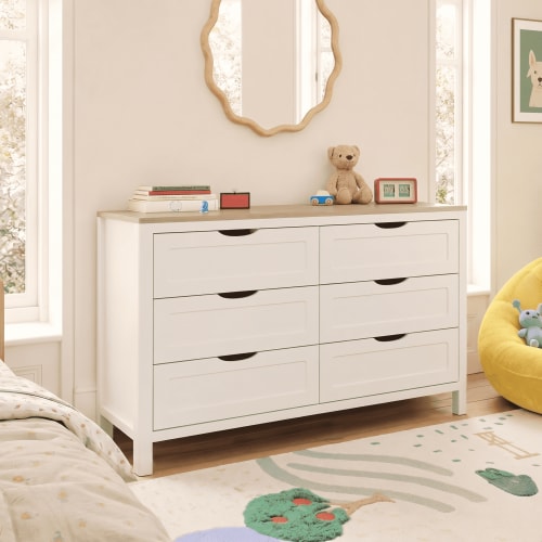 Treocho Farmhouse 6 Drawer Dresser for Bedroom, 47'' Wide with Hidden Handles, Wooden, White