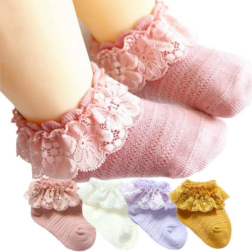 Baby Girl Socks Infant Toddler Ruffle Socks Princess Eyelet Frilly Little Baby Girls Lace Ruffle Socks, 4 Pairs