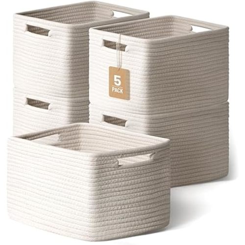 5 Pack White Woven Storage Baskets for Shelves, Decorative Basket Organizer Storage Bins for Toys, Books, Clothes, Closet, Nursery, Bathroom – Cotton Rope Shelf Baskets for Organizing and Decor