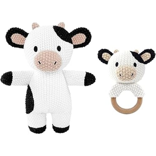 10" Handmade Crochet Cow Stuffed Animal, Baby-Safe Cotton Plush with Rattle, Hypoallergenic Toy for Newborns 0-12 Months, Ideal Baby Shower & 1st Birthday Gift