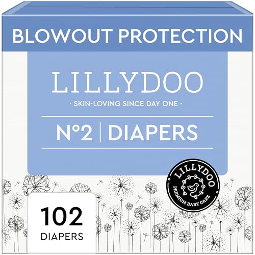 LILLYDOO Baby Diapers - Size 2 (9-18 lbs), Half-Monthly Supply (102 Count), Leak Protection, Skin-Friendly, Ultrasoft, Perfume- & Chlorine-Free, Hypoallergenic, Dermatologist Tested, Oeko-TEX®