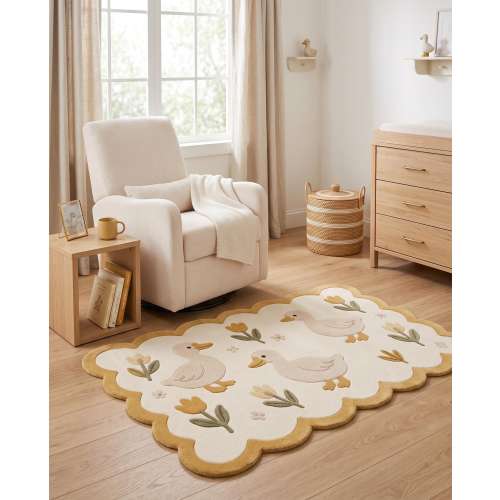 Hand-Tufted Scalloped Duck Wool Rug | Yellow & Cream Duckling Meadow Nursery Playroom Area Carpet