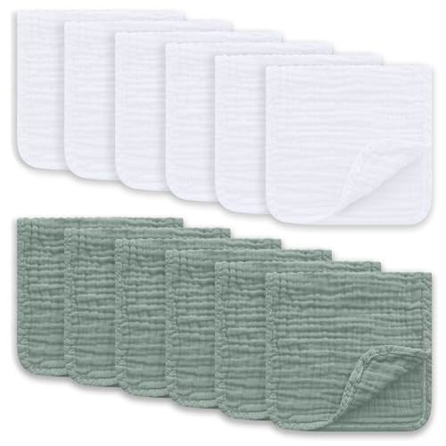 Ease Cubs Muslin Burp Cloths Large 100% Cotton Hand Washcloths for Boys & Girls, Baby Essentials Extra Absorbent and Soft Burping Rags for Newborn Registry (White & Green, 12-Pack, 20" X10")