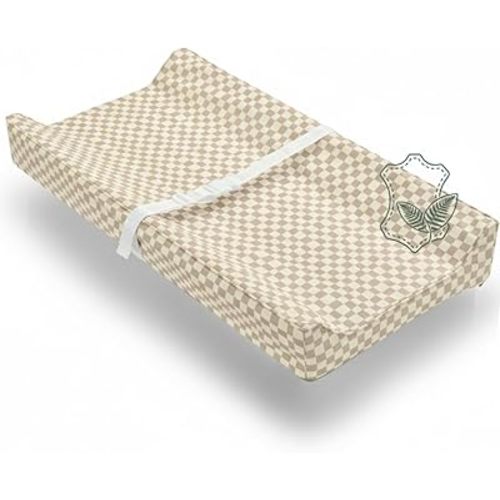Vegan Leather Contoured Baby Changing Pad | Waterproof & Wipe-Clean PU Leather Diaper Change Mat, Soft, Wipeable Cover, Safety Strap, Non-Slip Bottom, Topper for Standard Infant Diaper Table & Dresser