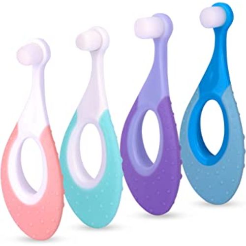 Baby Toothbrush & Toddler Toothbrush for Age 0-2 Years Old | Extra Soft Bristle for Baby Teeth & Infant Gums | BPA-Free, Easy-Grip Finger Handle & Teething Pad | Dentist Recommended | 4-Pack