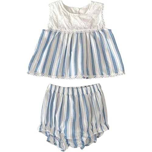 HOOLCHEAN Baby and Toddler Girl 2-Piece Outfit, Dress-Style Cotton Top with Lace Embroidery and Striped Bloomers
