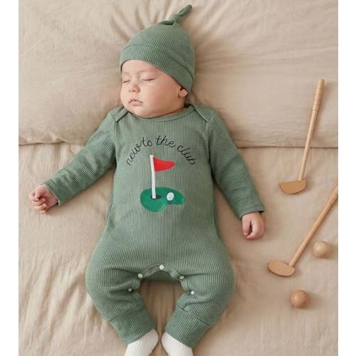 Newborn Baby Boy Fall Outfit Romper Jumpsuit Bodysuit Infant Clothes | Letter Embroidery Long Sleeve Crew Neck Winter Waffle Bodysuit