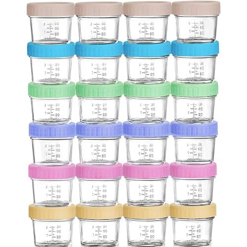 WILLDAN Glass Baby Food Storage Jars w/Lids (4 oz, 24 Pack Set) Snack, Puree, Reusable Small Containers, Breast Milk, Fridge or Freezer, Microwave & Dishwasher Safe, Essential Must Have for Infants
